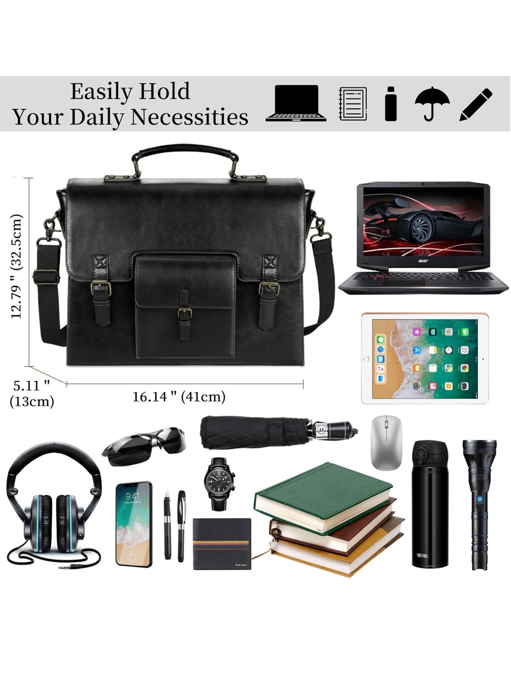 NWOT - Unisex Leather Black Leather Briefcase w/ Front Pocket + Shoulder Strap - Picture 6 of 7